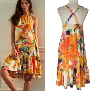Anthro Daily Practice Frida Crossback Knit Halter Printed Flowy Midi Dress - XS